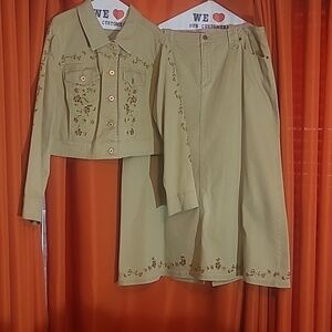 Venezia Light Beige Embroidered Jean Jacket and Skirt Set